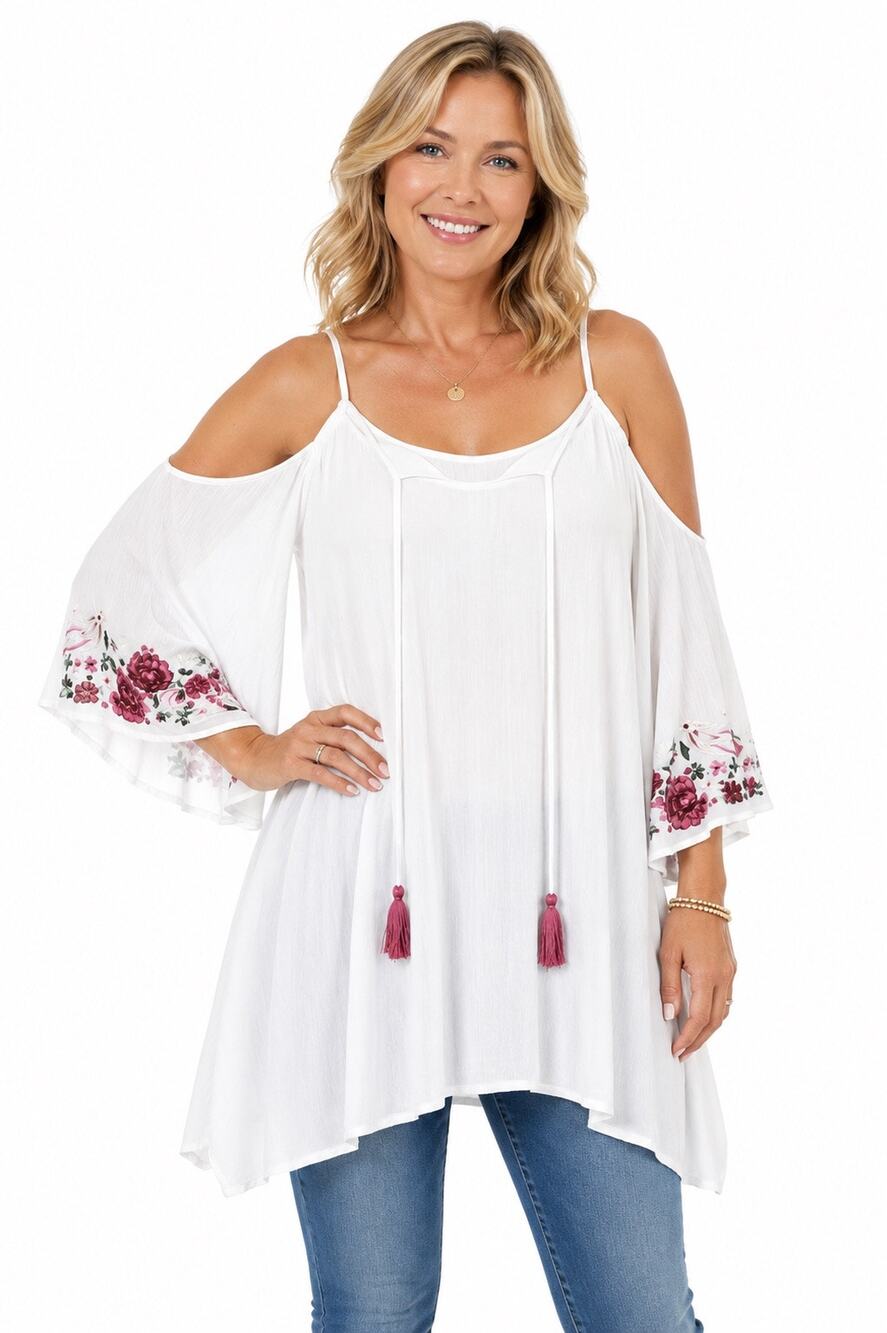 NWT Boohoo White Cold Shoulder Embroidered Tunic Casual Top Size 12
